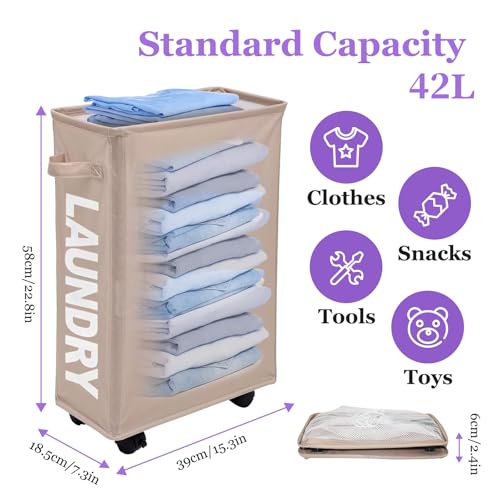 Slim Rolling Laundry Hamper with Wheels, 42L Collapsible Narrow Laundry Basket with Drawstring Mesh Cover, Foldable Dirty Clothes Organizer for Bathroom, Dorm, Small Spaces, Khaki - color: Khaki, size: 1PC 42L