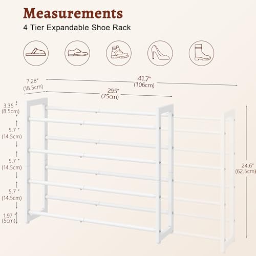 FAVOOSTY 4-Tier Expandable Shoe Rack, Adjustable Shoe Shelf Storage Organizer Space Saving Metal Free Standing Shoe Rack for Entryway Closet Doorway, White - color: White, size: 4 Tier