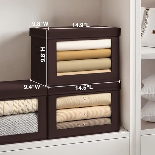 Homsorout Foldable Storage Boxes with Clear Window - Clothes Organizers and Decorative Bins with Lid, Fabric Storage Cube, Baskets for Shelves, Yarn, Home, Brown, 3 Pack - color: Brown, size: L(3-Pack)