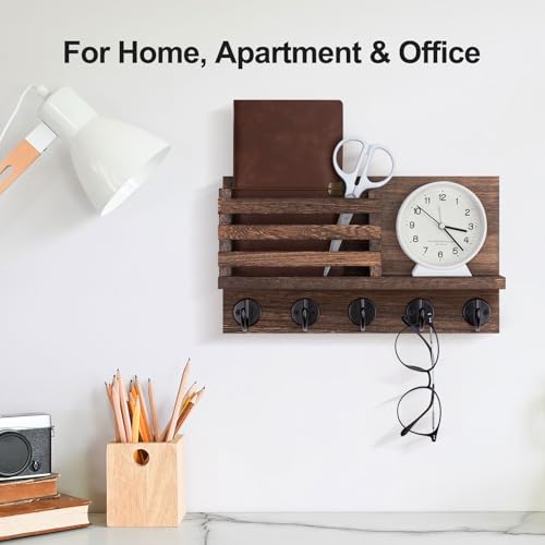 Lwenki Key Holder for Wall – Decorative Wooden Mail Holder and Key Shelf with Mounting Hardware, Installation Guide – Paulownia Wood with Metal Key Hooks (Brown, Large - 11.8inch) - color: Brown, size: Large - 11.8inch
