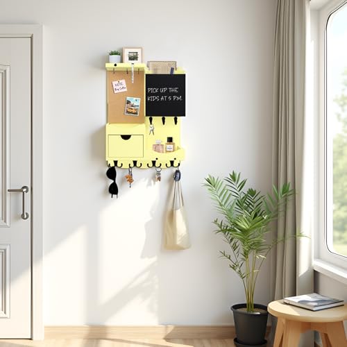 Key Holder Wall Mount， Mail Organizer Key Holder for Wall with Shelf, Drawer, Chalkboard, Corkboard, Home Decor Wall Mounted for Room Entryway (Ivory Yellow) - color: Ivory Yellow, size: Vertical
