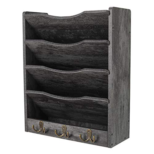 PAG 5-Tier Wall File Holder Hanging Mail Organizer Wood Magazine Literature Rack with 6 Hooks, Dark Gray - color: Dark Gray