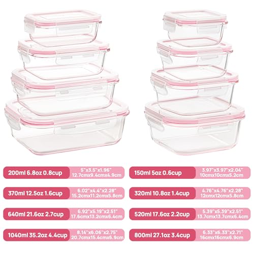 Vtopmart 8 Pack Glass Food Storage Containers with Airtight Lids, Glass Meal Prep Containers, Lunch Containers for Microwave, Oven, Freezer and Dishwasher, BPA Free - color: Pink