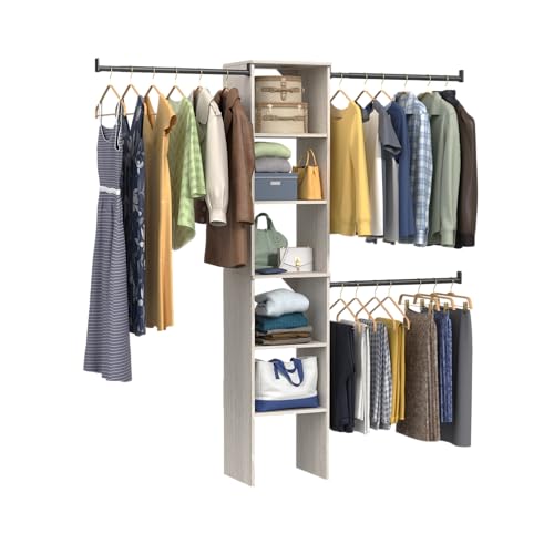 ClosetMaid SuiteSymphony Wood Closet Organizer Kit with Tower, (3) Hang Rods, (5) Shelves (2-Adjustable), Fits Spaces 4-9 ft. Wide, White Timber