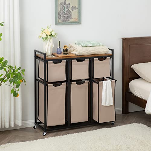 Suntage Laundry Basket Organizer, Hampers for Laundry 6 Compartments, Laundry Hamper with 6 Sliding Laundry Sorter Bags, Top Storage Shelf, and Metal Frame (6 Compartments) - style: 6 Compartments
