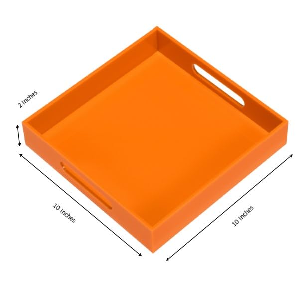 KEVLANG Orange Sturdy Acrylic Serving Tray with Handles-10x10Inch-Serving Coffee,Food,Breakfast,Butler-Kitchen Countertop Tray-Makeup Drawer Organizer-Vanity Table,Ottoman Tray-Decorative Tray - color: Glossy Orange, size: 10" x 10" x 2"