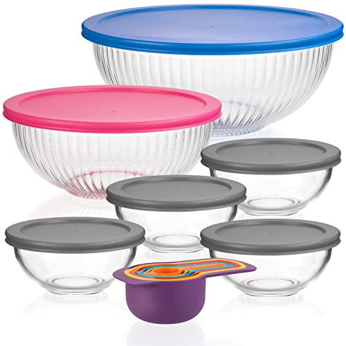 Set of 6 Stackable Space-Saving Nesting Glass Bowls with BPA Free Lids for Foodprep, Storage, Baking, Mixing & Cooking, Microwave Safe - Durable Inert Borosilicate Glass - color: 6 Mixing Bowls with PP Lids