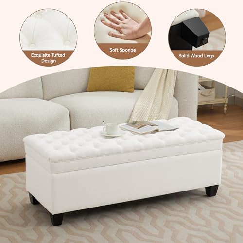 WUTUTUEE 51" Fabric Storage Ottoman Bench, Upholstered Rectangle End of Bed Storage Ottoman Tufted Living Room Bedroom Bench with Safety Hinge, Solid Wood Legs, Loads 500 lb(Beige) - color: Beige-fabric