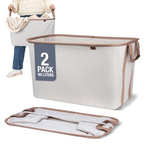CleverMade Collapsible Laundry Basket LUXE 2 Pack – 60 L (16 Gal) Foldable Cotton Blend Clothes Hamper with Vegan Leather Accents, Reinforced Handles, Space Saving Laundry Bin Holds 55 lbs - Cream - color: Cream Herringbone