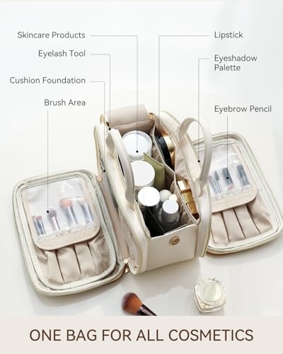 Prite Makeup Bag for Women, Large Capacity Waterproof Travel Cosmetic Organizer, Portable Open Flat Toiletry Bag with Free-standing Brush Holder and Handle(Beige Large) - color: Beige, size: Large