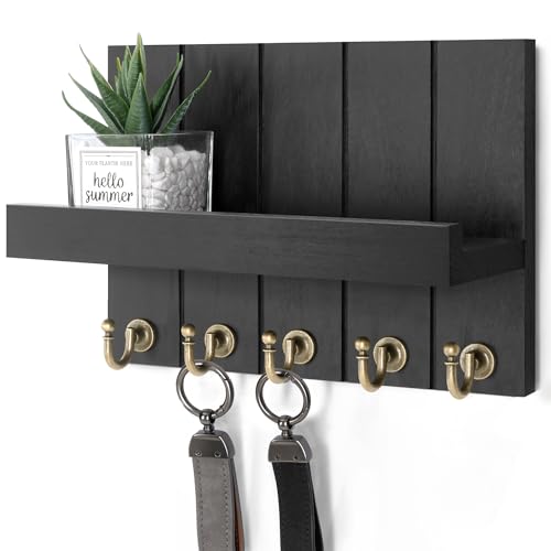 Rebee Vision Farmhouse Key Holder Wall Mount - Modern Key Holder for Living Room and Mail Organizer with Shelf & Hooks for Apartment Essentials - Home Decor Aesthetic (Black, 3.54"D x 10"W x 7.28"H) - color: Black, size: 10 Inch