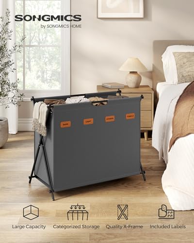 SONGMICS Laundry Hamper, Laundry Basket, 40.9 Gal. Laundry Sorter 4 Sections, Collapsible X-Frame, Clothes Organizer with Customizable Labels, Laundry Room, Bedroom, Bathroom, Slate Gray ULCB140G01 - color: Slate Gray, size: 155 L