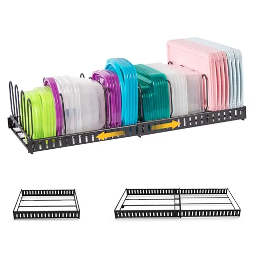 Expandable Food Container Lid Organizer,Large Capacity Adjustable 8 Dividers Detachable Lid Organizer Rack for Cabinets, Cupboards, Pantry Shelves, Drawers Keep Kitchen Tidy,Black 10.2”wide,3.6 Pound. - color: Black