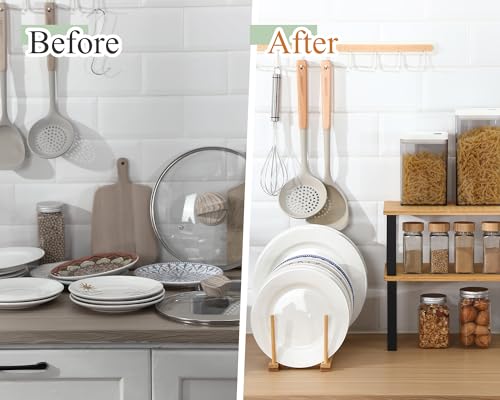 Marsui 4 Pcs Kitchen Organizer Accessories Set Cabinet Organizer Shelf and Bamboo Dish Drying Plate Rack Counter Shelves Storage Holder for Spice Rack, Dish, Pot Lid, Bowl, Cup(Light Color) - color: Light Color