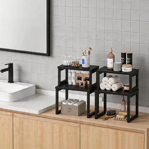 HOOBRO Cabinet Organizer Shelf, Set of 2 Kitchen Counter Shelves, Expandable Kitchen Storage, Stackable Bamboo Spice Rack, for Kitchen, Countertop, Office Desk, Living Room, Black BK20TL01 - color: Black