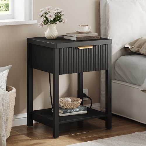 Lulive Modern Black Night Stand, Fluted Nightstand with Charging Station, Wood Modern Bedside End Table with Storage Drawer for Bedroom, Save Space (Set of 1, Black) - color: Black, size: 1 Drawer-Set of 1 Nightstand