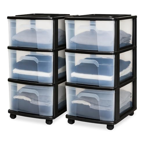 HOMZ 2-Pack Drawer Tower, 3-Tier Clear Plastic Storage Organizer Cart, Black Frame - Organizing Containers with Wheels for Home, Bathroom, Bedroom, Office, and Classroom - color: Black, size: 2 Pack