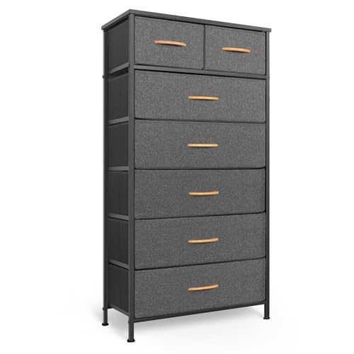 Mifuro Tall Dresser for Bedroom, Vertical Storage Organizer Tower with 7 Drawers, Chest of Drawers with Fabric Bins, Steel Frame, Wood Top for Bedroom, Closet, Entryway- Grey - color: Grey, size: 7 Drawers