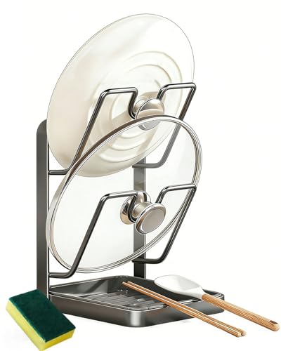 Kitchen Pot Lid Storage Rack, Carbon Steel Pot Lid Holder with Spoon Rest While Cooking, Multifunctional Countertop Organizer with Removable Drip Tray for Cutting Boards, Ladles