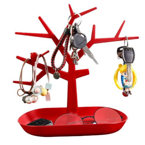 OULIGET Tabletop Key Holder Stand Tree Key Rack,Stand Jewelry Display Necklace Ring Earring Holder Rack,Jewelry Organizer Tray Home Decor for Home Entryway (Red) - color: Red