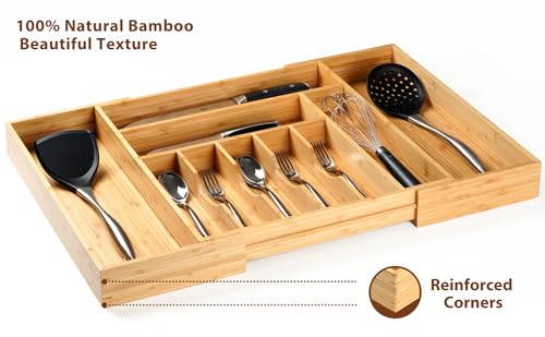 Umilife Extra Large Expandable Kitchen Siverware Utensils Drawer Organizer, 19" Deep for Big Drawer, Adjustable Bamboo Wood Drawer Divider with Curved Grooves, Cutlery Tray Flatware Holder - size: Expandable 17~28 x 19 inch