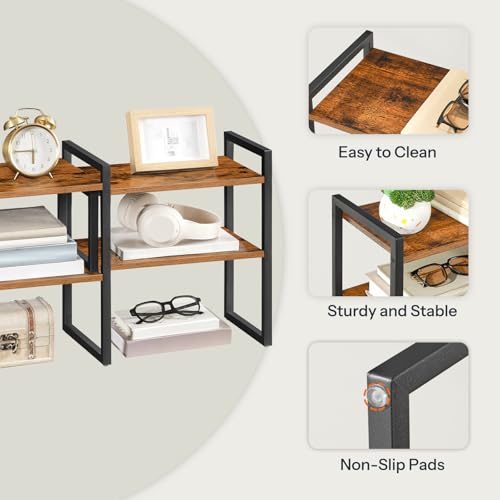 HOOBRO Desk Shelf Organizer, Adjustable Desktop Bookshelf, 2-Tier Shelf for Top of Desk, Wooden Office Storage Rack, for Office, Study, Kitchen, Dorm, Rustic Brown and Black BF39SJ01 - color: Rustic Brown + Black