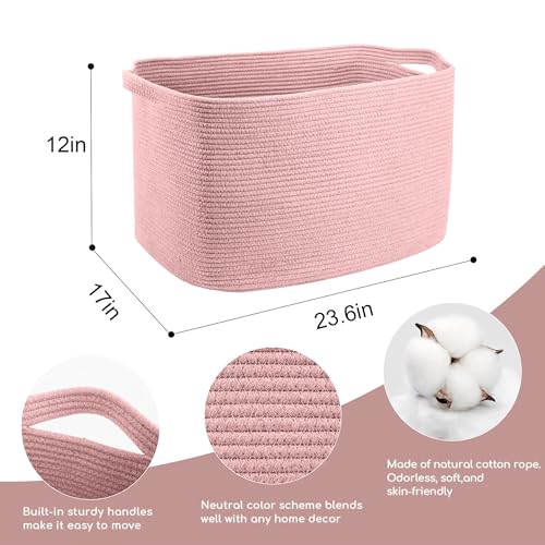 MEGASKET Extra Large Pink Storage Basket, 23.6" x 17" x 12" Rectangle Blanket Basket Living Room, Woven Cotton Rope Basket, Toy Basket Bins, Pink Baskets for Decor, Wicker Baby Laundry Basket - color: Pink, size: 23.6"x17"x12
