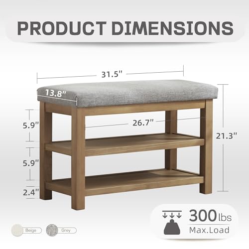 Zihanhome Shoe Rack Bench with Cushion, 2 Tier Solid Wood Storage Bench, Mid-Century Modern Shoe Bench for Entryway, Hallway, Closet, Front Door Entrance, Foyer (Grey, 31.5") - color: Grey, size: 31.5"