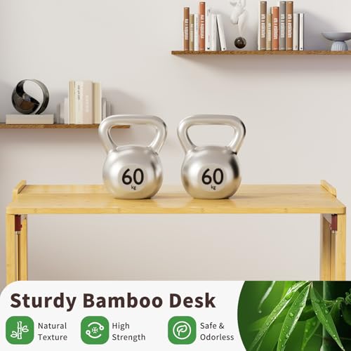 Bamboo Foldable Desk, Folding Desks for Small Spaces, Mid Century Small Computer Desk with Bookshelf for Bedroom Home Office, Natural - color: Natural, size: 21.3"D x 32.7"W x 29.5"H