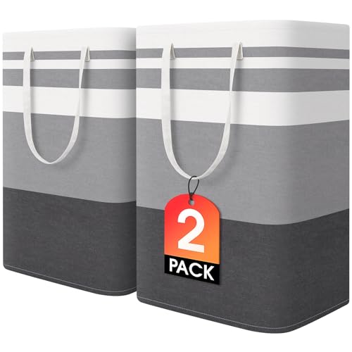 HomeHacks 2 Pack Large Laundry Baskets, Waterproof, Freestanding Laundry Hampers, Collapsible Clothes Hamper with Reinforced Handles in Laundry Room, College Dorm, Bathroom, Bedroom (Grey, 75Lx2) - color: Grey, size: 75L