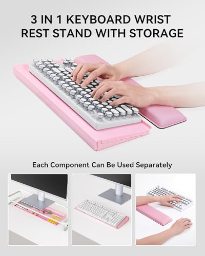 Laborio Computer Keyboard Stand with Storage Box, Keyboard Riser Wrist Rest for Desktop, Office Desk Organizer Accessories(Pink) - color: Pink