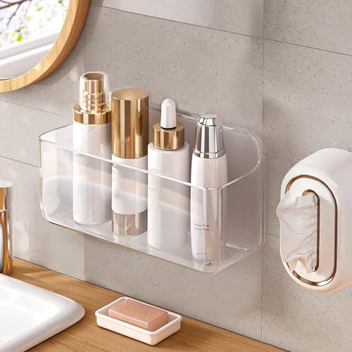 Diesisa Acrylic Wall Mount Organizer - 5.1" D x 10.9" W x 6" H, Large Size Adhesive Wall Self - Shower Caddies Organizer - Bathroom Shelves with Self Adhesive Tape for Bathroom, Kitchen - Large Size - color: Clear - Big Basket