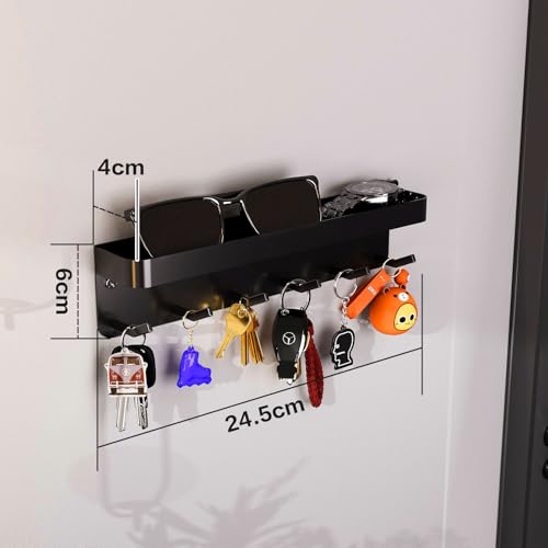 Keys Holder On Wall Adhesive Key Rack with Mail Organizer Wall Mount Key Hanger with 6 Hooks for Entryway Door Hallway and Office (Matte Black)