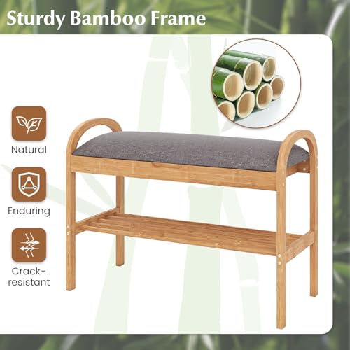 Giantex Shoe Bench with Flip-Top Storage, Bamboo 2-Tier Entryway Bench with Padded Cushion, Shoe Rack Bench for Hallway, Closet, Foyer, Living Room, Bedroom, Mudroom (with Flip-Top Storage) - size: 12.5"D x 27.5"W x 20"H（With Flip-Top Storage）
