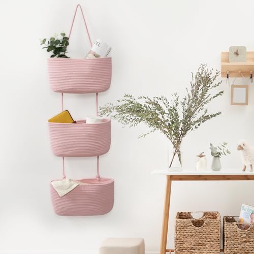 TeoKJ Over the Door Hanging Basket, 3-Tier Woven Cotton Wall-Mounted Storage Organizer Bag Decorative Hanging Nursery Baskets, Pink - color: Pink