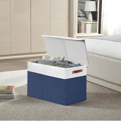 Bagnizer Large Toy Storage Box with Lids, Collapsible Sturdy Baby Storage Organizer Chest Bin Basket for Kids, Boys, Girls, Playroom, Nursery, Bedroom, Closet 25"x13"x16" (Navy Blue and White) - color: Navyblue and White