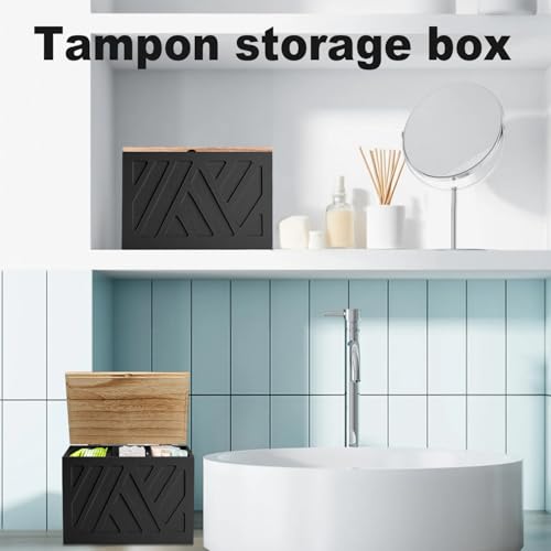 2Pcs Tampon Holder for Bathroom Decor, Feminine Product Organizer, Shark Week Tampon Storage with Lid, Wood Pad Box for Toilet, Lady Girl Stuff Organizer Case Bathroom Accessories- Black - color: 2Pcs Black