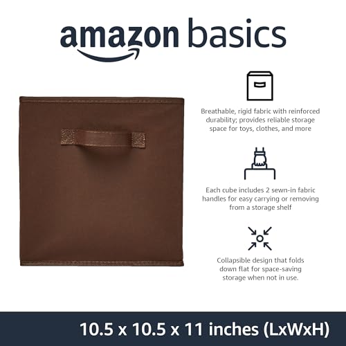 Amazon Basics Collapsible Fabric Storage Bins with Handles, Cube Organizer, Lightweight Fabric, 10.5"x10.5"x11", Brown, 6-Pack - color: Brown, size: 10.5"x10.5"x11"