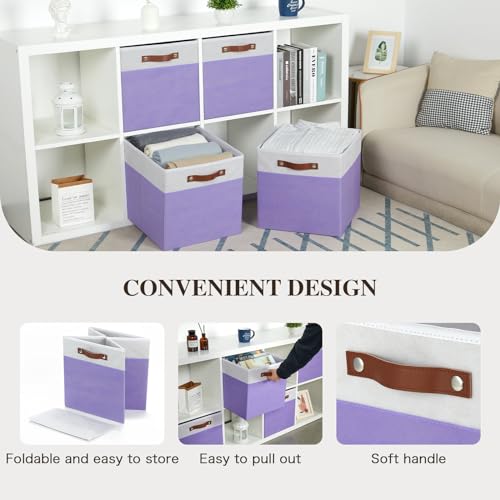 Temary Foldable Cube Baskets 4Pack - Clothes Shelf Storage with Handles, Fabric Storage Organizer Bins (White&Purple, 13x15x13 Inch) - color: White&Purple, size: 13x15x13