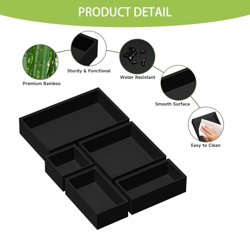 Bamboo Drawer Organizer Set, 5 PCS Multi-use Varied Sizes Junk Drawer Organizer Kitchen Storage Box for Office, Home, Bedroom, Bathroom, Black - color: Black, size: 5 PCS
