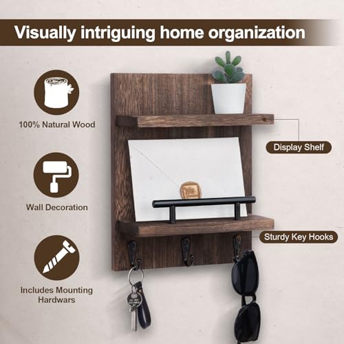 Key Holder Wall Mount, Mail Shelf Decor with 3 Key Hooks, Versatile Wood Wall Organizer for Entryway Hallway (8.2” x 10.6”x 3.6”) (Brown) - color: Brown