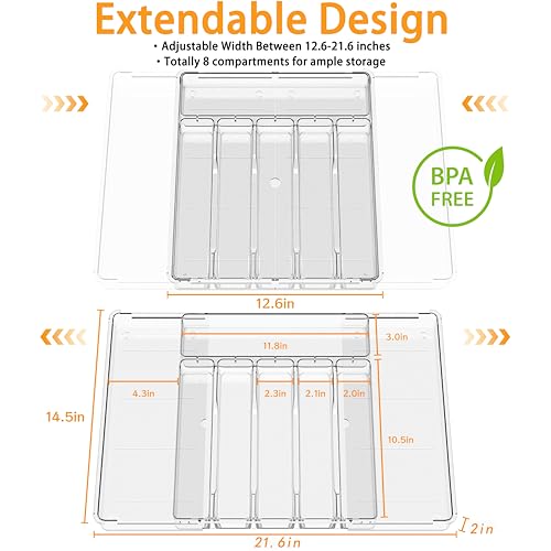 Silverware Drawer Organizer, Expandable Utensil Tray for Kitchen Drawers,BPA Free Flatware and Cutlery Holder,Adjustable Plastic Storage for Utensil like Spoons, Forks, Knives.Clear - color: Clear-8 grid