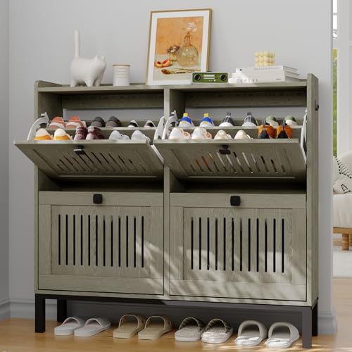 4-Door Flip Front Shoe Cabinet with Adjustable Shelves – Hidden Entryway Storage Organizer for Hallway, Foyer, Living Room – Freestanding Wooden Shoe Rack with Large Capacity & Modern Design, Grey - color: Grey, size: 9.45"D x 41.34"W x 37.9"H