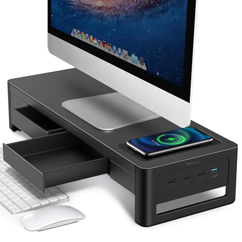 meatanty 3 In 1 Monitor Stand Riser with 2 Drawers,1 Wireless Charging Module and 4 USB Ports,Metal Computer Stand Support Transfer Data & Charging,Desk Organizer for PC,iMac (21 inches) - size: Large, style: Wireless Charger Version
