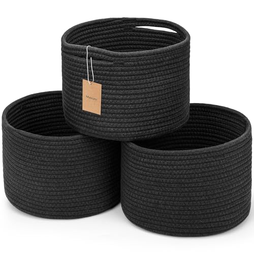 Small Rope Baskets for Storage, Baskets for Gifts Empty, Cute Round Woven Basket, Decorative Shelf Baskets 9.82×9.82×7.1", Cotton Toy Basket Storage Bins for Organizer-Black - color: Black-3PCS