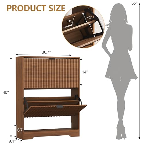HUANLEGO Shoe Cabinet Storage for Entryway with 2 Flip Drawers, Walnut Fluted Shoe Cabinet with Open Storage, Wooden Hidden Shoe Rack Freestanding Narrow Slim Shoes Organizer for Hallway, Entrance - color: Walnut, size: 2 Drawer