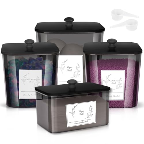 Zingbee 4 Pack Laundry Detergent Containers & Dryer Sheet Holder with Black Lids, Scoops & Labels - Plastic Laundry Organizer and Storage Jars for Pods, Detergent, Scent Booster - color: Clear Grey-2