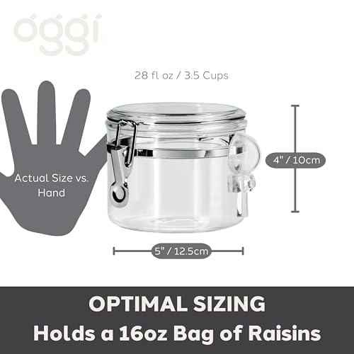 OGGI Clear Canister Airtight 28oz - Clamp Lid & Spoon - Airtight Food Storage Containers, Ideal for Kitchen & Pantry Storage of Bulk, Dry Food Including Flour, Sugar, Coffee, Rice, Tea, Spices & Herbs - size: 28 Fluid Ounces