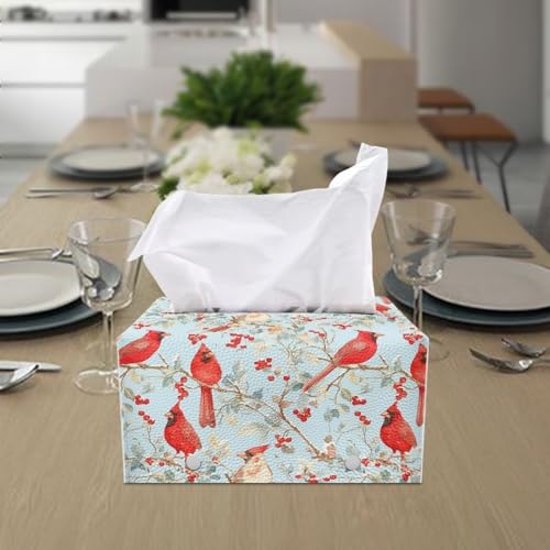 Christmas Cardinal Tissue Box Cover, Rectangle Leather Tissue Cover Waterproof Tissues Holder Decorative Organizer with Fashion Prints Home Decor Items - color: Christmas Cardinal