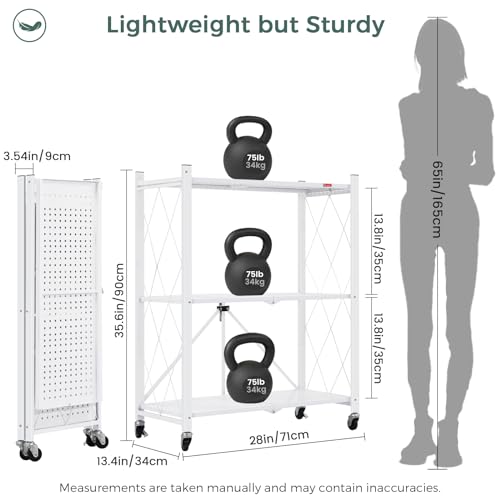 DEANIC 3 Tier Foldable Storage Shelves with Wheels, Kitchen Appliance Stand, Freestanding Metal Wire Shelf Rack, No Assembly Organizer Rolling Cart for Garage, Basement, Pantry(White) - color: White